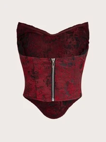 SHEIN ICON 印花褶邊頭巾下擺短款抹胸上衣 - 酒紅色 - 查看 6