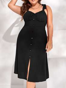 SHEIN VCAY Vestido de tirantes pecho con fruncido con botón falso de hombros con cordón de muslo con abertura - Negro - Ver 1