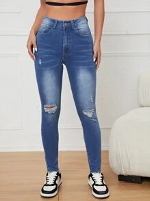 Jeans ajustados desgarro de talle alto - Azul lavado medio - Ver 1