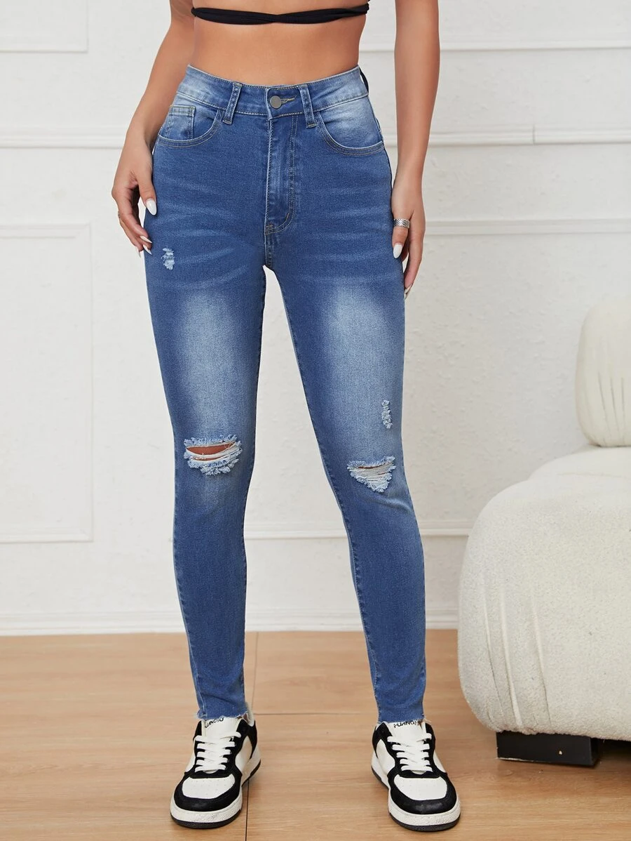 Jeans ajustados desgarro de talle alto - Azul lavado medio - Ver 1
