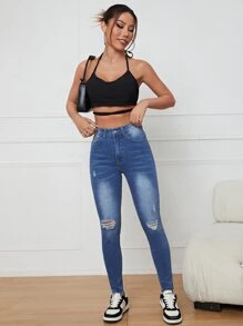 Jeans ajustados desgarro de talle alto - Azul lavado medio - Ver 5