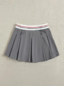 SHEIN Qutie Striped Waistband Pleated Skirt - Grey - View 2