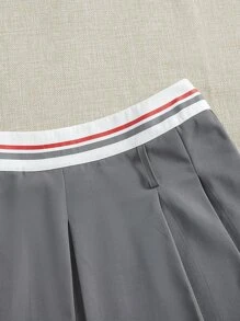 SHEIN Qutie Striped Waistband Pleated Skirt - Grey - View 4