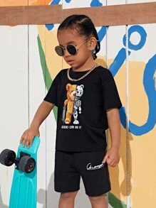 SHEIN 小男童熊和標語圖案T恤和短褲 - 黑色 - 查看 3