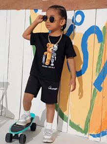 SHEIN 小男童熊和標語圖案T恤和短褲 - 黑色 - 查看 5
