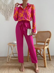 Chiquease Floral Print Blouse & Belted Trousers - Hot Pink - View 1