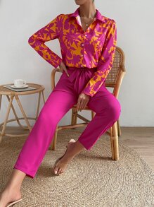 Chiquease Floral Print Blouse & Belted Trousers - Hot Pink - View 3