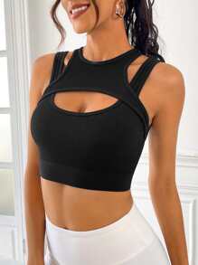Áo Tees & Tanks  Thể thao Nữ Cắt ra Gân đan màu trơn - màu đen - Xem 3