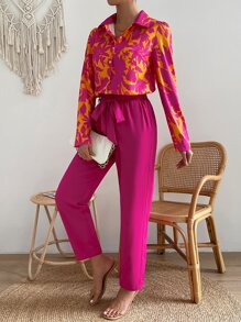 Chiquease Floral Print Blouse & Belted Trousers - Hot Pink - View 4