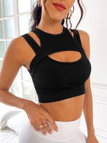 Áo Tees & Tanks  Thể thao Nữ Cắt ra Gân đan màu trơn - màu đen - Xem 4