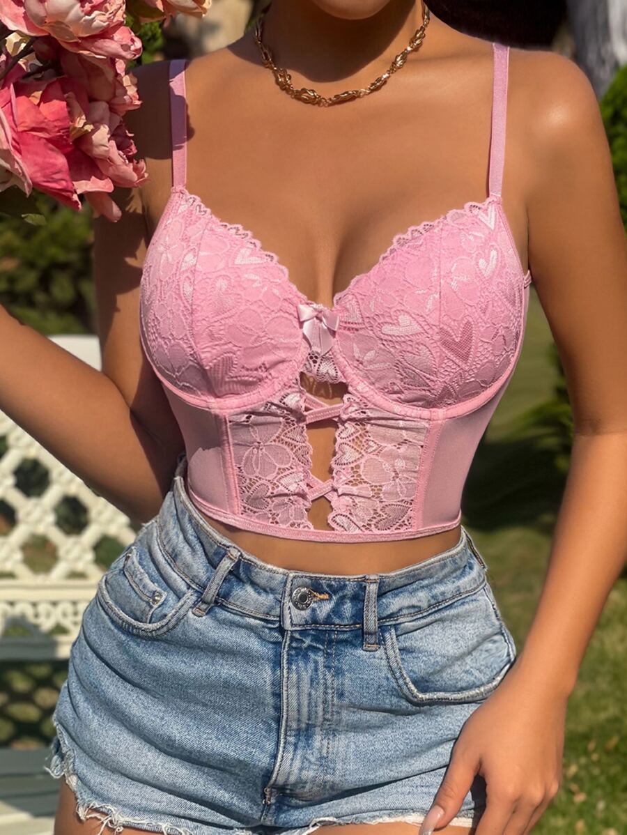 SHEIN Allurite 蕾絲拼接吊帶短上衣 - 粉色 - 查看 1