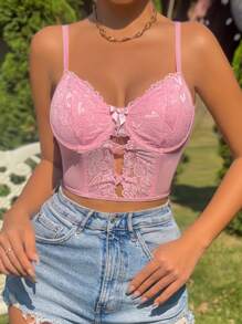 SHEIN Allurite 蕾絲拼接吊帶短上衣 - 粉色 - 查看 3