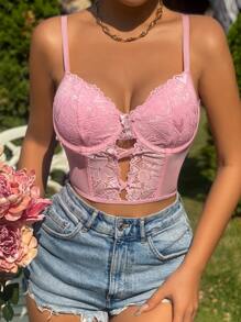 SHEIN Allurite 蕾絲拼接吊帶短上衣 - 粉色 - 查看 4