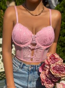 SHEIN Allurite 蕾絲拼接吊帶短上衣 - 粉色 - 查看 6