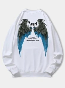 ROMWE MEN Guys Wings & Slogan Graphic Sweatshirt - White - View 1