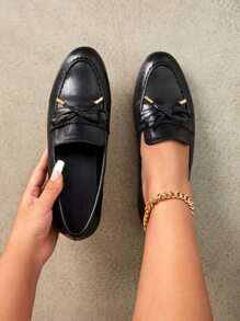 Bow Decor Flat Loafers - Black - View 7