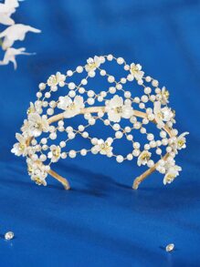 Faux Pearl & Flower Decor Bridal Headband - Gold - View 1