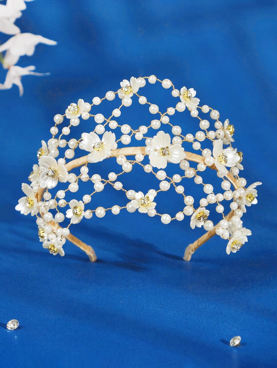 Faux Pearl & Flower Decor Bridal Headband - Gold - View 1