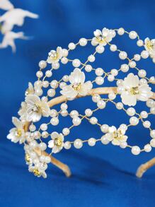 Faux Pearl & Flower Decor Bridal Headband - Gold - View 3