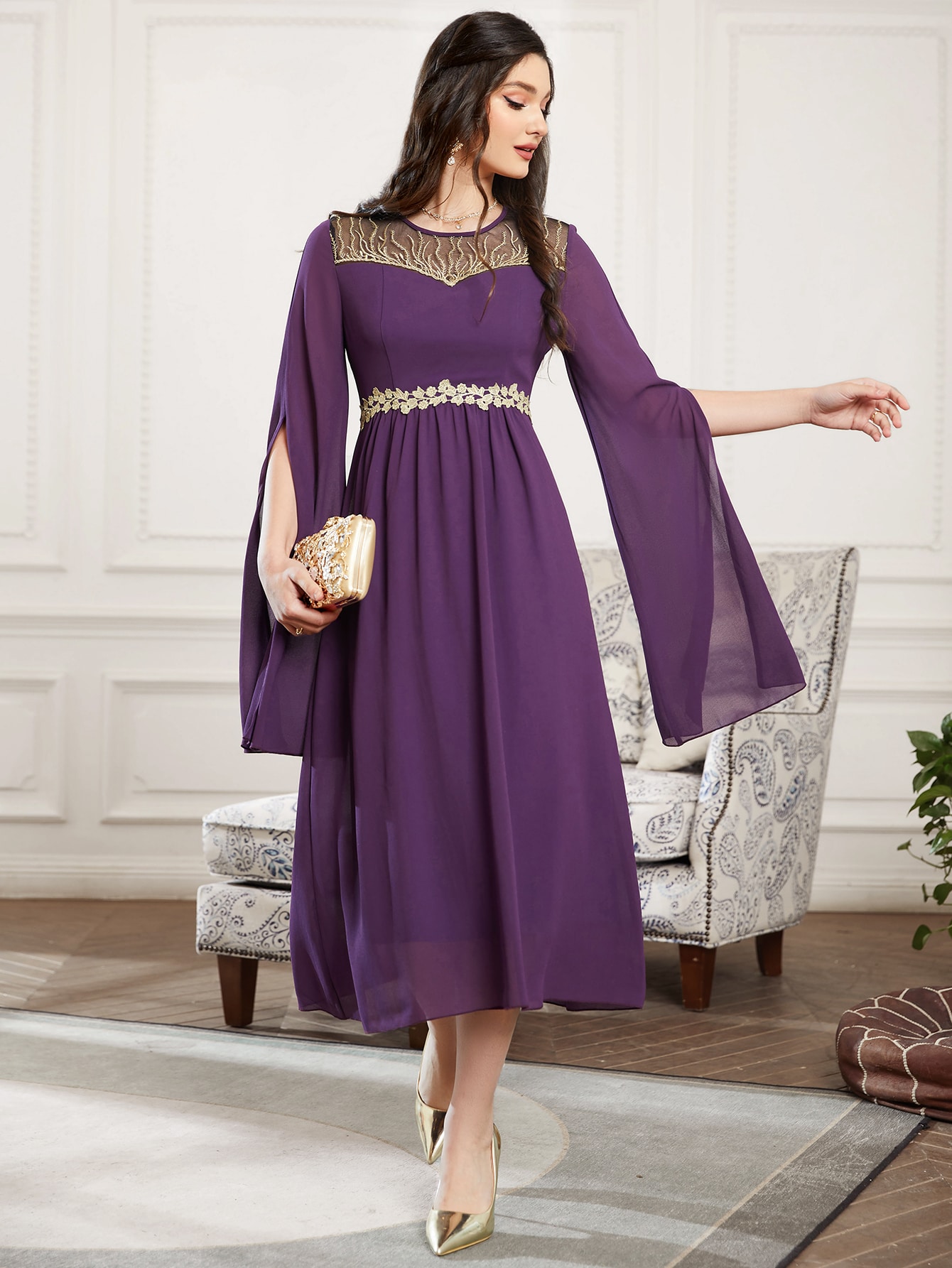 SHEIN Najma Plant Embroidery Split Sleeve Belted Dress SHEIN UK