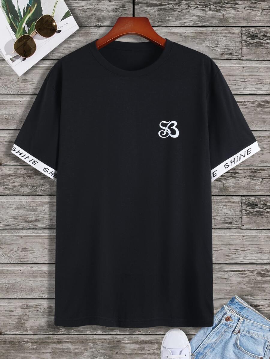 Manfinity Men Letter Graphic Contrast Trim Tee - Black - View 1