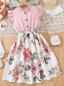 Tween Girl Floral Print Frill Neck Ruffle Trim Dress - Multicolor - View 1