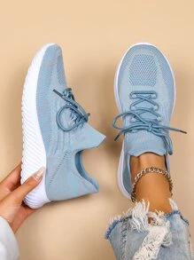 Lace-up Sneakers Solid Color Women's Road Running Shoes - Dusty Blue - View 1