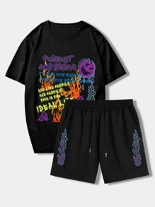 ROMWE MEN Guys Letter Graphic Tee & Shorts - Black - View 1