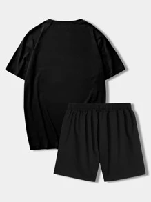 ROMWE MEN Guys Letter Graphic Tee & Shorts - Black - View 2