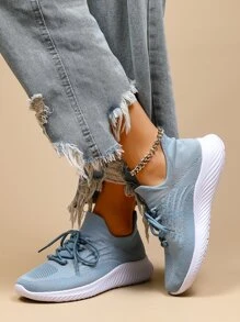 Lace-up Sneakers Solid Color Women's Road Running Shoes - Dusty Blue - View 3