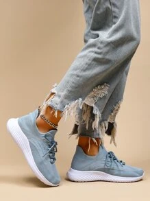 Lace-up Sneakers Solid Color Women's Road Running Shoes - Dusty Blue - View 4