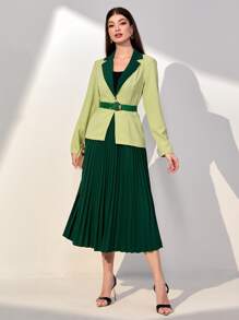 Modelyn Two Tone Belted Blazer & Pleated Skirt - Green - View 1