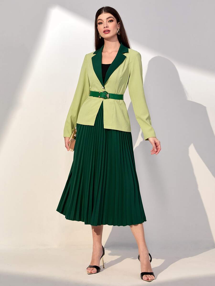 Modelyn Two Tone Belted Blazer & Pleated Skirt - Green - View 1