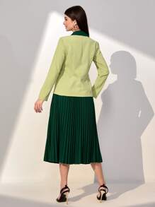 Modelyn Two Tone Belted Blazer & Pleated Skirt - Green - View 2