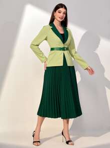 Modelyn Two Tone Belted Blazer & Pleated Skirt - Green - View 3