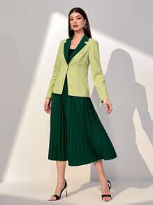 Modelyn Two Tone Belted Blazer & Pleated Skirt - Green - View 5