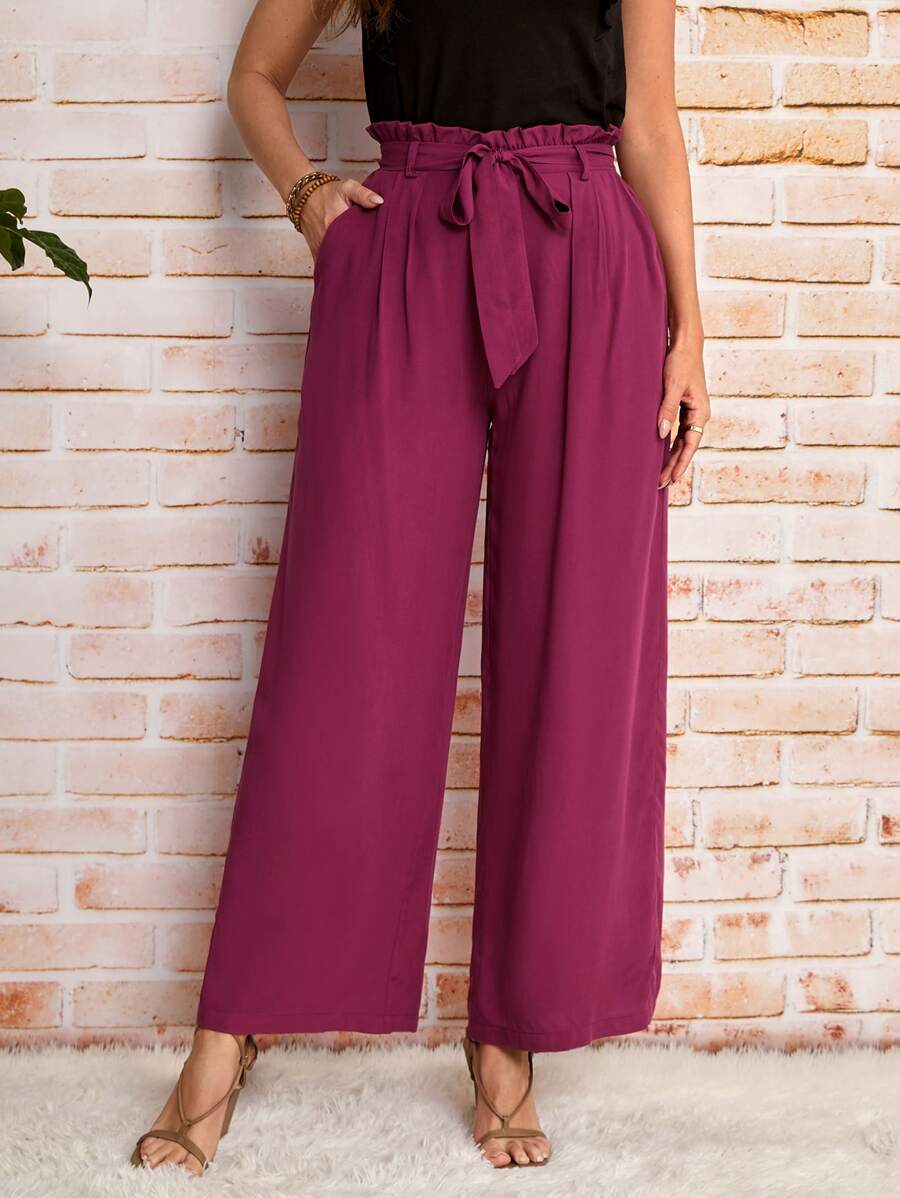 SHEIN Clasi Quần nữ Thắt lưng Túi Quần paper-bag màu trơn Boho - Màu Tím - Xem 1