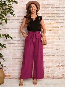 SHEIN Clasi Quần nữ Thắt lưng Túi Quần paper-bag màu trơn Boho - Màu Tím - Xem 5