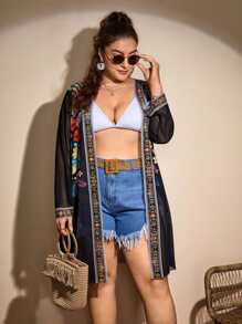 Plus Floral Print Mesh Kimono - Black - View 3