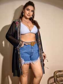 Plus Floral Print Mesh Kimono - Black - View 4