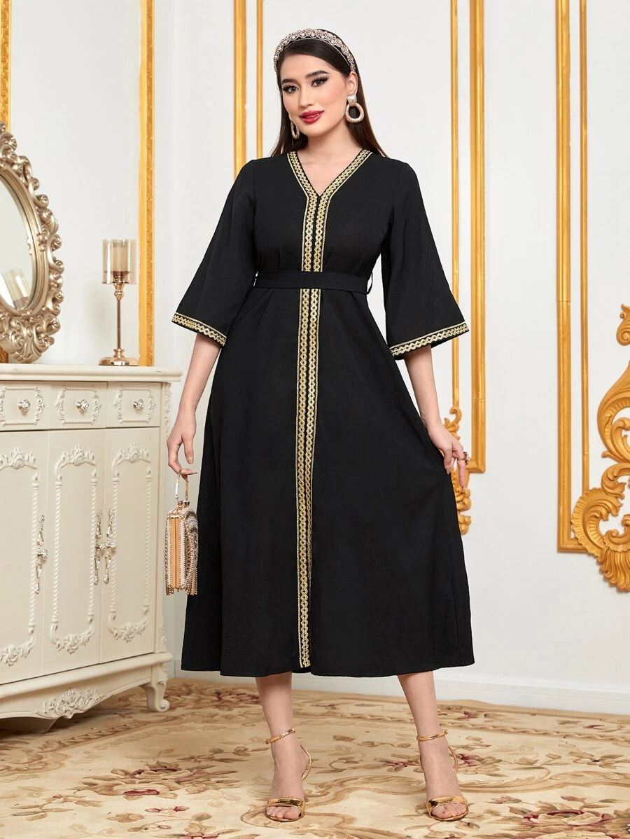 Al Najma Contrast Tape Detail Belted Dress - Black - View 1