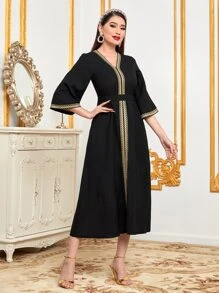Al Najma Contrast Tape Detail Belted Dress - Black - View 4