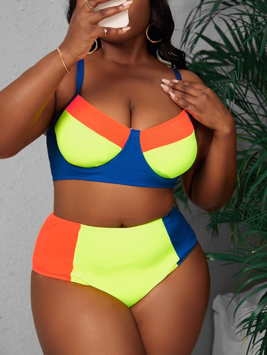 SHEIN Swim Curve Plus Size Color Block Underwire Bikini Set Bãi biển mùa hè - Nhiều màu - Xem 1