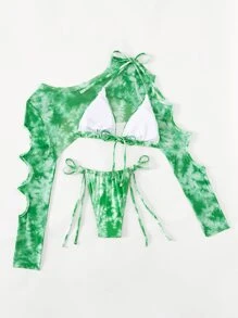 3packs Tie Dye Halter Micro Triangle Summer Beach Bikini Set & Cover Up Top - Green - View 2