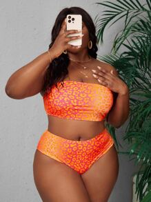 SHEIN Slayr Summer Beach Plus Size Leopard Print Bandeau Bikini Set