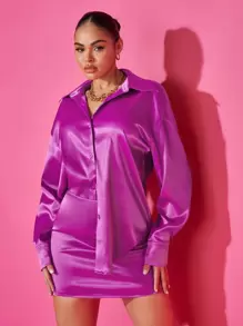 SHEIN BAE Bộ đồ hai mảnh nữ Nút phía trước màu trơn Thanh lịch - Màu tím - Xem 4