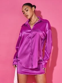SHEIN BAE Bộ đồ hai mảnh nữ Nút phía trước màu trơn Thanh lịch - Màu tím - Xem 3