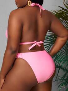 SHEIN Swim Curve 夏季海灘加大尺寸純色掛脖比基尼套裝 - 淺粉色 - 查看 2