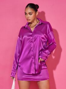 SHEIN BAE Bộ đồ hai mảnh nữ Nút phía trước màu trơn Thanh lịch - Màu tím - Xem 1