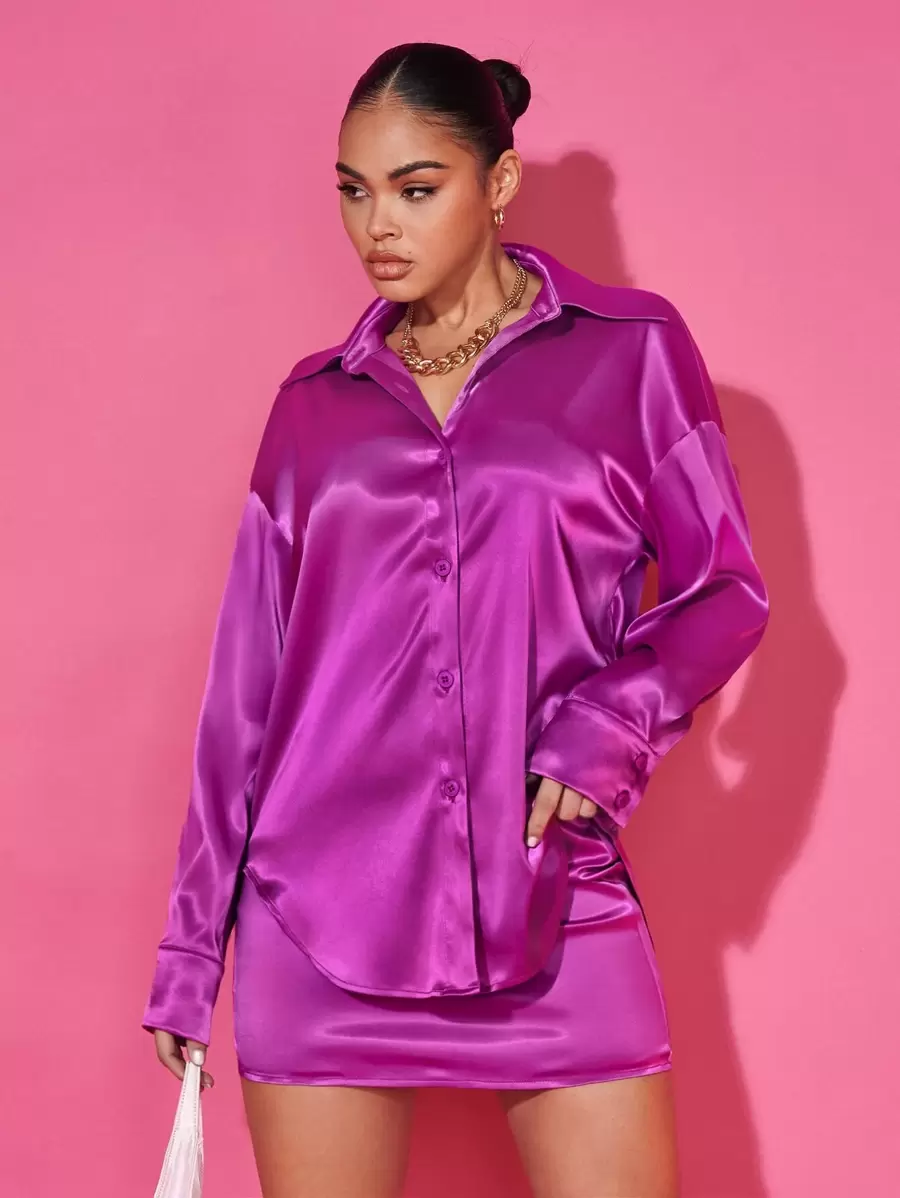 SHEIN BAE Bộ đồ hai mảnh nữ Nút phía trước màu trơn Thanh lịch - Màu tím - Xem 1